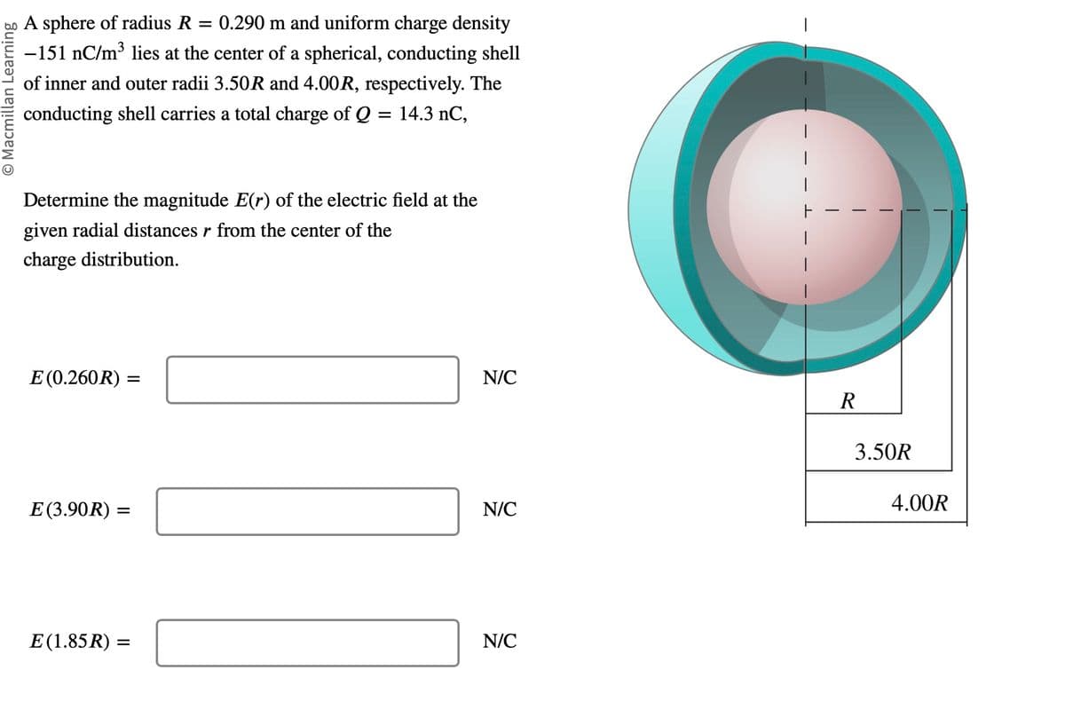 O Macmillan Learning
A sphere of radius R = 0.290 m and uniform charge density
-151 nC/m³ lies at the center of a spherical, conducting shell
of inner and outer radii 3.50R and 4.00R, respectively. The
conducting shell carries a total charge of Q = 14.3 nC,
Determine the magnitude E(r) of the electric field at the
given radial distances r from the center of the
charge distribution.
E (0.260R)
=
E (3.90R) =
=
E (1.85 R) =
N/C
N/C
N/C
R
3.50R
4.00R