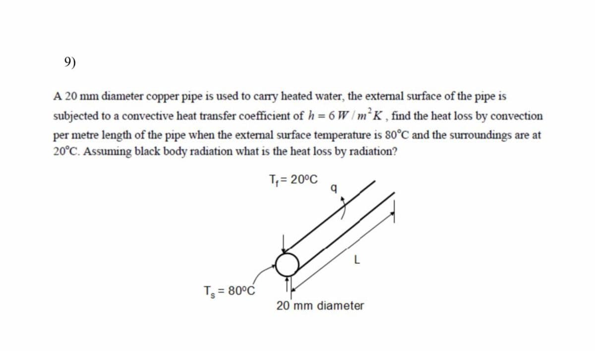 9)
A 20 mm diameter copper pipe is used to cary heated water, the external surface of the pipe is
subjected to a convective heat transfer coeffcient of h = 6 W / m² K , find the heat loss by convection
per metre length of the pipe when the external surface temperature is 80°C and the surroundings are at
20°C. Assuming black body radiation what is the heat loss by radiation?
T;= 20°C
Ts = 80°C
%3D
20 mm diameter
