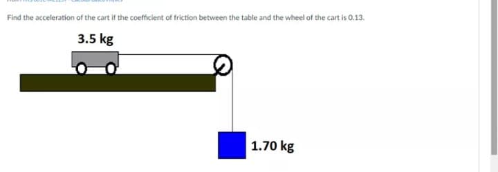 Find the acceleration of the cart if the coefficient of friction between the table and the wheel of the cart is 0.13.
3.5 kg
1.70 kg
