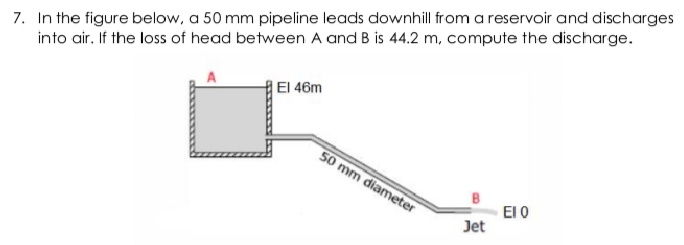 7. In the figure below, a 50 mm pipeline leads downhill from a reservoir and discharges
into air. If the loss of head between A and B is 44.2 m, compute the discharge.
El 46m
50 mm diameter
B
EI O
Jet
