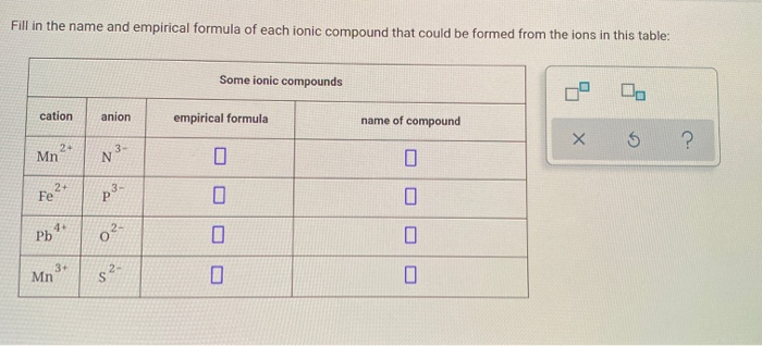 Fill in the name and empirical formula of each ionic compound that could be formed from the ions in this table:
Some ionic compounds
cation
anion
empirical formula
name of compound
2+
Mn
3-
2+
Fe
4+
Pb
3+
Mn
2.
