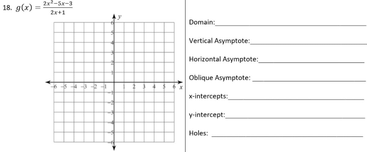 18. g(x) =
2x²-5x-3
2x+1
-6-5-4-3-2-1
51
3
21
Domain:
Vertical Asymptote:
Horizontal Asymptote:_
Oblique Asymptote:
x-intercepts:
y-intercept:
Holes:
