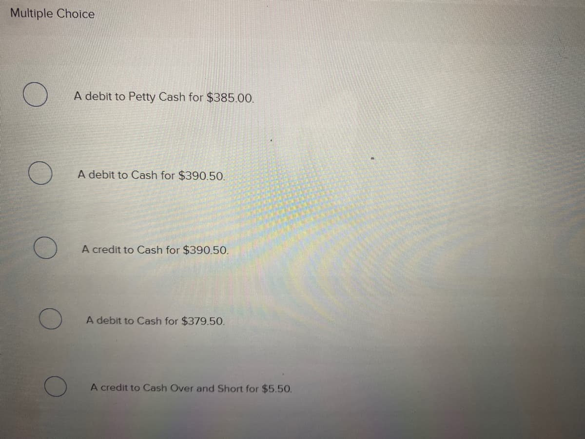 Multiple Choice
A debit to Petty Cash for $385.00.
A debit to Cash for $390.50.
A credit to Cash for $390.50.
A debit to Cash for $379.50.
A credit to Cash Over and Short for $5.50.
