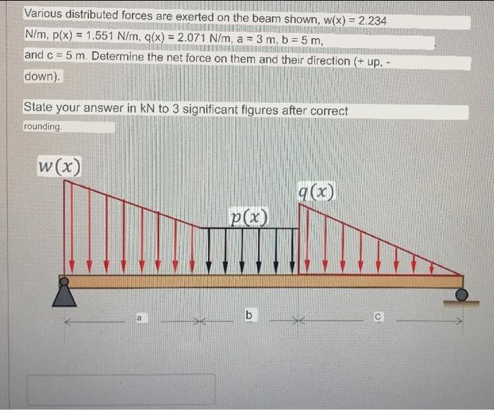 Various distributed forces are exerted on the beam shown, w(x) = 2.234
F
N/m, p(x) = 1.551 N/m, q(x) = 2.071 N/m, a = 3 m, b = 5 m,
and c = 5 m. Determine the net force on them and their direction (+ up. -
down).
State your answer in kN to 3 significant figures after correct
rounding.
w (x)
a
p(x)
b
q (x)