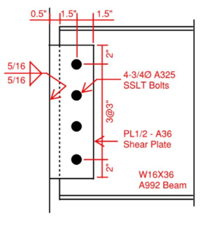 0.5"| 1.5"
| 1.5"
5/16
5/16
4-3/40 A325
SSLT Bolts
PL1/2 - A36
Shear Plate
W16X36
A992 Beam
3@3"
