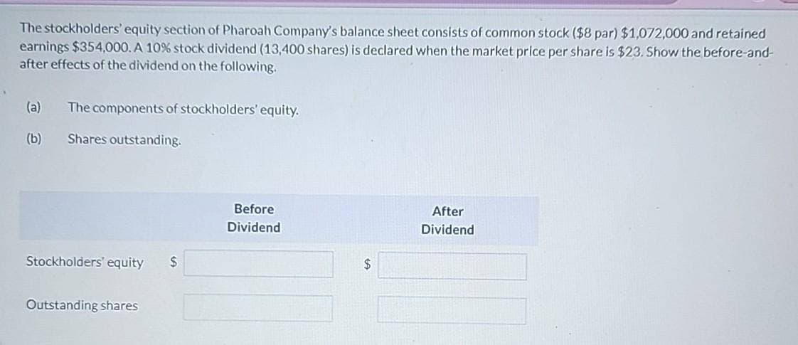The stockholders' equity section of Pharoah Company's balance sheet consists of common stock ($8 par) $1,072,000 and retained
earnings $354,000. A 10% stock dividend (13,400 shares) is declared when the market price per share is $23. Show the before-and-
after effects of the dividend on the following.
(a) The components of stockholders' equity.
(b) Shares outstanding.
Stockholders' equity
Outstanding shares
$
Before
Dividend
$
After
Dividend