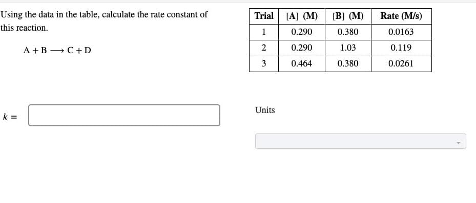 Using the data in the table, calculate the rate constant of
this reaction.
k=
A+B → C + D
Trial [A] (M) [B] (M)
1
0.290
0.380
2
0.290
1.03
3
0.464
0.380
Units
Rate (M/s)
0.0163
0.119
0.0261