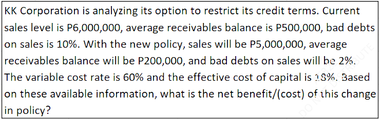 KK Corporation is analyzing its option to restrict its credit terms. Current
sales level is P6,000,000, average receivables balance is P500,000, bad debts
on sales is 10%. With the new policy, sales will be P5,000,000, average
receivables balance will be P200,000, and bad debts on sales will be 2%.
The variable cost rate is 60% and the effective cost of capital is 18%. 3ased
on these available information, what is the net benefit/(cost) of this change
in policy?
BUTE
