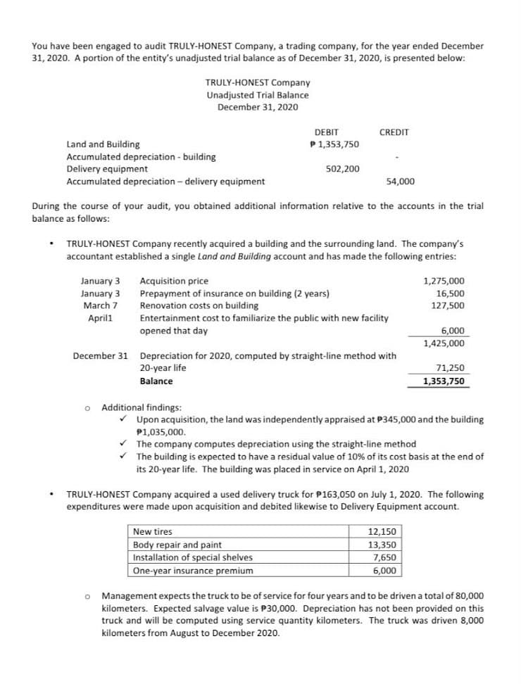 You have been engaged to audit TRULY-HONEST Company, a trading company, for the year ended December
31, 2020. A portion of the entity's unadjusted trial balance as of December 31, 2020, is presented below:
TRULY-HONEST Company
Unadjusted Trial Balance
December 31, 2020
DEBIT
CREDIT
Land and Building
Accumulated depreciation - building
Delivery equipment
Accumulated depreciation - delivery equipment
P1,353,750
502,200
54,000
During the course of your audit, you obtained additional information relative to the accounts in the trial
balance as follows:
TRULY-HONEST Company recently acquired a building and the surrounding land. The company's
accountant established a single Land and Building account and has made the following entries:
January 3
January 3
March 7
1,275,000
16,500
127,500
Acquisition price
Prepayment of insurance on building (2 years)
Renovation costs on building
Entertainment cost to familiarize the public with new facility
opened that day
April1
6,000
1,425,000
December 31
Depreciation for 2020, computed by straight-line method with
20-year life
71,250
Balance
1,353,750
o Additional findings:
v Upon acquisition, the land was independently appraised at P345,000 and the building
P1,035,000.
The company computes depreciation using the straight-line method
The building is expected to have a residual value of 10% of its cost basis at the end of
its 20-year life. The building was placed in service on April 1, 2020
TRULY-HONEST Company acquired a used delivery truck for P163,050 on July 1, 2020. The following
expenditures were made upon acquisition and debited likewise to Delivery Equipment account.
New tires
12,150
Body repair and paint
13,350
Installation of special shelves
7,650
One-year insurance premium
6,000
Management expects the truck to be of service for four years and to be driven a total of 80,000
kilometers. Expected salvage value is P30,000. Depreciation has not been provided on this
truck and will be computed using service quantity kilometers. The truck was driven 8,000
kilometers from August to December 2020.
