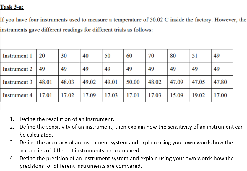 Task 3-a:
If you have four instruments used to measure a temperature of 50.02 C inside the factory. However, the
instruments gave different readings for different trials as follows:
Instrument 1 20
30
40
50
60
70
80
51
49
Instrument 2 49
49
49
49
49
49
49
49
49
Instrument 3 48.01
48.03
49.02
49.01
50.00
48.02
47.09
47.05
47.80
Instrument 4 17.01
17.02
17.09
17.03
17.01
17.03
15.09
19.02
17.00
1. Define the resolution of an instrument.
2. Define the sensitivity of an instrument, then explain how the sensitivity of an instrument can
be calculated.
3. Define the accuracy of an instrument system and explain using your own words how the
accuracies of different instruments are compared.
4. Define the precision of an instrument system and explain using your own words how the
precisions for different instruments are compared.
