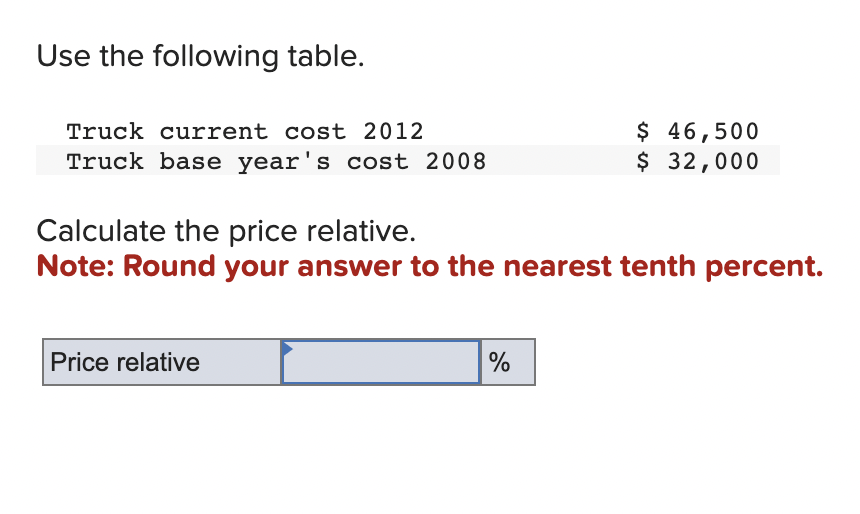 Use the following table.
Truck current cost 2012
Truck base year's cost 2008
Calculate the price relative.
Note: Round your answer to the nearest tenth percent.
Price relative
$ 46,500
$ 32,000
%