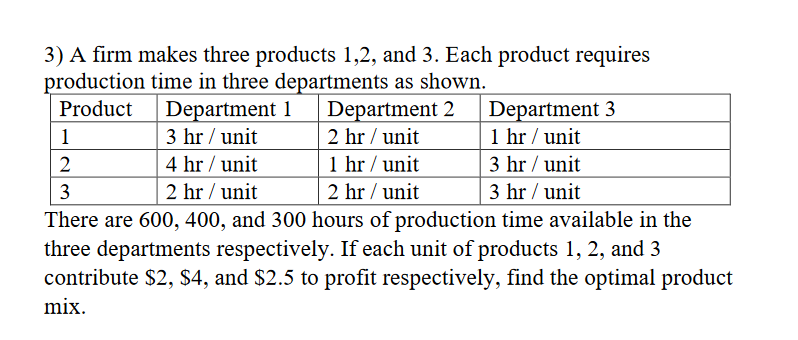3) A firm makes three products 1,2, and 3. Each product requires
production time in three departments as shown.
Department 1
3 hr / unit
4 hr / unit
2 hr / unit
Department 2
2 hr / unit
1 hr / unit
Department 3
1 hr / unit
3 hr / unit
Product
1
2
2 hr / unit
3 hr / unit
There are 600, 400, and 300 hours of production time available in the
three departments respectively. If each unit of products 1, 2, and 3
contribute $2, $4, and $2.5 to profit respectively, find the optimal product
mix.

