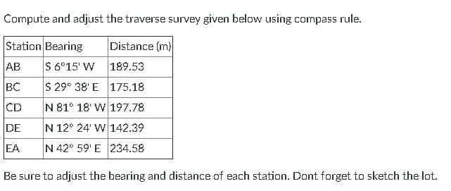 Compute and adjust the traverse survey given below using compass rule.
Station Bearing
Distance (m)
AB
S 6°15' W
189.53
BC
S 29° 38' E 175.18
CD
N 81° 18' W 197.78
DE
N 12° 24' W 142.39
EA
N 42° 59' E 234.58
Be sure to adjust the bearing and distance of each station. Dont forget to sketch the lot.
