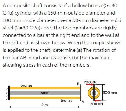 A composite shaft consists of a hollow bronze(G=40
GPa) cylinder with a 150-mm outside diameter and
100 mm inside diameter over a 50-mm diameter solid
steel (G=80 GPa) core. The two members are rigidly
connected to a bar at the right end and to the wall at
the left end as shown below. When the couple shown
is applied to the shaft, determine (a) The rotation of
the bar AB in rad and its sense. (b) The maximum
shearing stress in each of the members.
bronze
steel
2 m
bronze
B.
200 KN
A
po
200 KN
300 mm