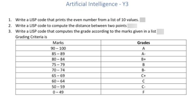 Artificial Intelligence - Y3
1. Write a LISP code that prints the even number from a list of 10 values.
2. Write a LISP code to compute the distance between two points
3. Write a LISP code that computes the grade according to the marks given in a list
Grading Criteria is
Marks
90-100
85-89
80-84
75-79
70-74
65-69
60-64
50-59
0-49
Grades
A
A-
B+
B
B-
C+
C
C-
F