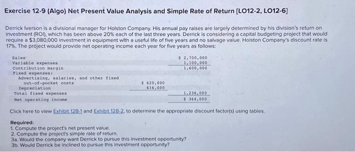 Exercise 12-9 (Algo) Net Present Value Analysis and Simple Rate of Return [LO12-2, LO12-6]
Derrick Iverson is a divisional manager for Holston Company. His annual pay raises are largely determined by his division's return on
investment (ROI), which has been above 20% each of the last three years. Derrick is considering a capital budgeting project that would
require a $3,080,000 investment in equipment with a useful life of five years and no salvage value. Holston Company's discount rate is
17%. The project would provide net operating income each year for five years as follows:
Sales
Variable expenses
Contribution margin
Fixed expenses
Advertising, salaries, and other fixed
out-of-pocket costs
$620,000
616,000
$ 2,700,000
1,100,000
1,600,000
Depreciation
Total fixed expenses
Net operating income
Click here to view Exhibit 128-1 and Exhibit 128-2, to determine the appropriate discount factor(s) using tables.
1,236,000
$364,000
Required:
1. Compute the project's net present value.
2. Compute the project's simple rate of return.
3a. Would the company want Derrick to pursue this investment opportunity?
3b. Would Derrick be inclined to pursue this investment opportunity?