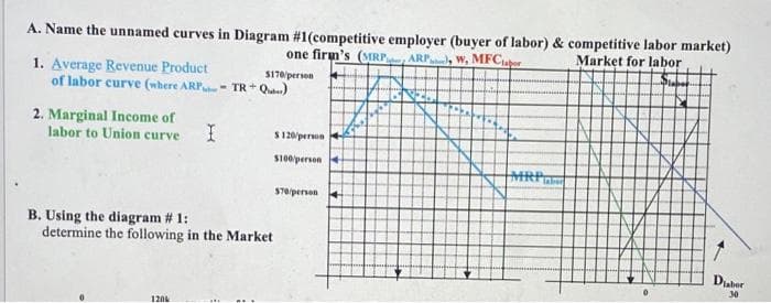 A. Name the unnamed curves in Diagram #1(competitive employer (buyer of labor) & competitive labor market)
one firm's (MRP
ARP, w, MFCuer
Market for labor
1. Average Revenue Product
of labor curve (where ARP- TR+ Qu)
S170/persen
2. Marginal Income of
labor to Union curve
S 120/person
S100person
HMRP
S70/person
B. Using the diagram # 1:
determine the following in the Market
Diabor
30
120k
