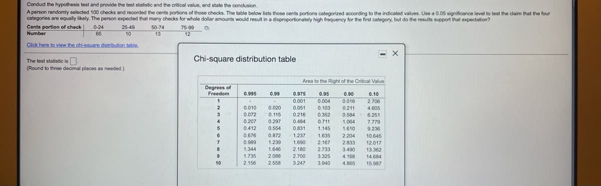 Conduct the hypothesis test and provide the test statistic and the critical value, and state the conclusion.
A person randomly selected 100 checks and recorded the cents portions of those checks. The table below lists those cents portions categorized according to the indicated values. Use a 0.05 significance level to test the claim that the four
categories are equally likely. The person expected that many checks for whole dollar amounts would result in a disproportionately high frequency for the first category, but do the results support that expectation?
Cents portion of check|
0-24
25-49
50-74
75-99
Number
65
10
13
12
Click here to view the chi-square distribution table.
Chi-square distribution table
The test statistic is D.
(Round to three decimal places as needed.)
Area to the Right of the Critical Value
Degrees of
Freedom
0.995
0.99
0.975
0.95
0.90
0.10
1
0.001
0.004
0.016
2.706
4.605
2
0.010
0.020
0.051
0.103
0.211
3
0.072
0.115
0.216
0.352
0.584
6.251
4
0.207
0.297
0.484
0.711
1.064
7.779
5
0.412
0.554
0.831
1.145
1.610
9.236
6
0.676
0.872
1.237
1.635
2.204
10.645
7.
0.989
1.239
1.690
2.167
2.833
12.017
1.344
1.646
2.180
2.733
3.490
13.362
1.735
2.088
2.700
3.325
4.168
14.684
10
2.156
2.558
3.247
3.940
4.865
15.987
