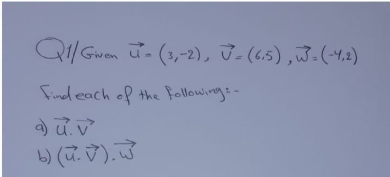 Q1/ Gwen ữ- (3,-2), U= (6,5) ,J-(-4,2)
%3D
Find each of
the following-
