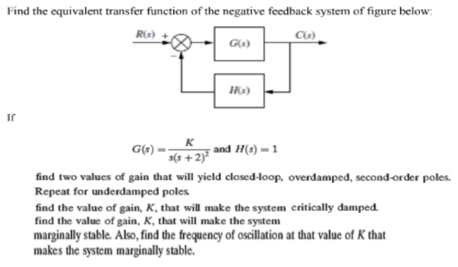 Find the equivalent transfer function of the negative feedback system of figure below:
R(s)
C(s)
G(s)
H(s)
G(s)
K
and H(s) =1
s(s +2)?
find two values of gain that will yield closed-loop, overdamped, second-order poles.
Repeat for underdamped poles
find the value of gain, K, that will make the system critically damped.
find the value of gain, K, that will make the system
marginally stable. Also, find the frequency of oscillation at that value of K that
makes the system marginally stable.
