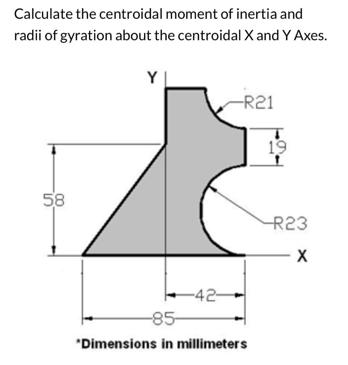 Calculate the centroidal moment of inertia and
radii of gyration about the centroidal X and Y Axes.
58
Y
-42-
-R21
-85
*Dimensions in millimeters
19
-R23
X