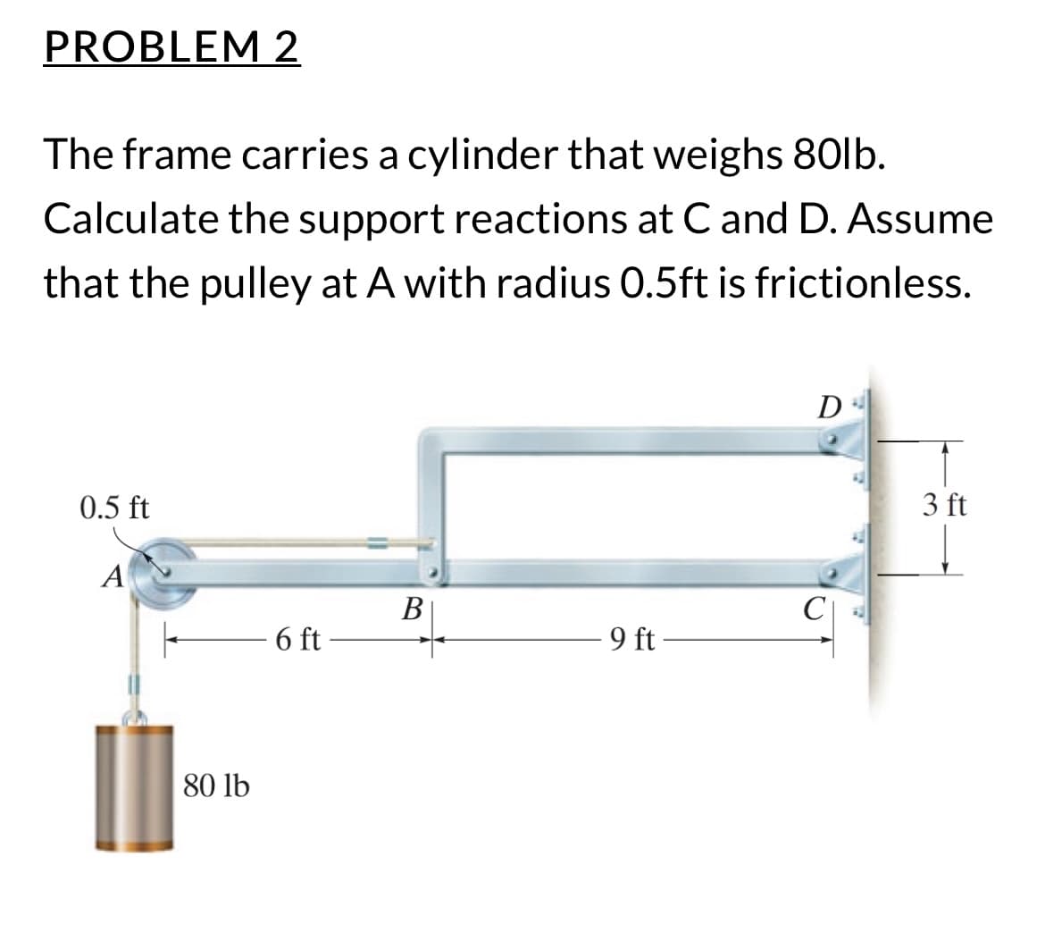 PROBLEM 2
The frame carries a cylinder that weighs 80lb.
Calculate the support reactions at C and D. Assume
that the pulley at A with radius 0.5ft is frictionless.
0.5 ft
A
80 lb
6 ft
9 ft.
D
3 ft