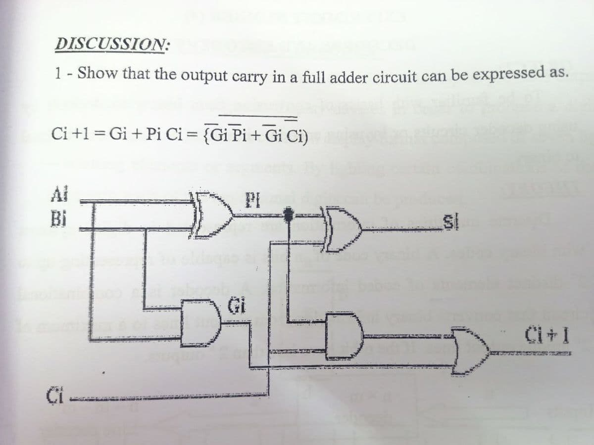 DISCUSSION:
1 - Show that the output carry in a full adder circuit can be expressed as.
Ci +1 = Gi + Pi Ci = {Gi Pi + Gi Ci)
Bi
Ci
L.B
D
D
SI
D
P