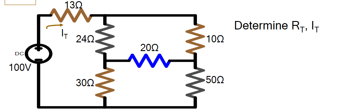 132
Determine R7, IT
24Ω.
10Ω
20Ω
DC
100V
302
50Ω
