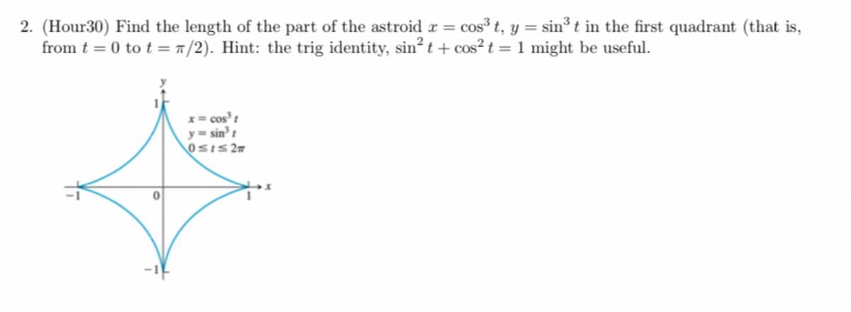 2. (Hour30) Find the length of the part of the astroid x = cos³ t, y = sin³ t in the first quadrant (that is,
from t = 0 to t = π/2). Hint: the trig identity, sin² t + cos² t = 1 might be useful.
x = cos³ t
y = sin³ t
0≤1≤2#