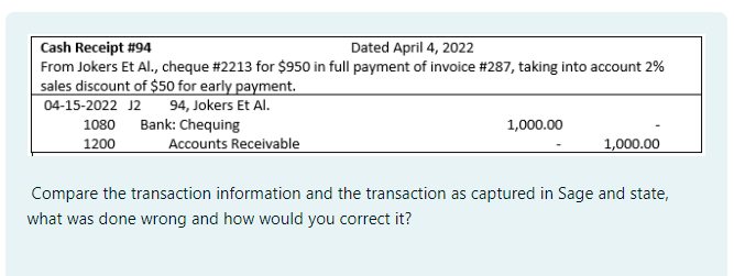 Cash Receipt #94
Dated April 4, 2022
From Jokers Et Al., cheque #2213 for $950 in full payment of invoice # 287, taking into account 2%
sales discount of $50 for early payment.
04-15-2022 J2
1080
1200
94, Jokers Et Al.
Bank: Chequing
Accounts Receivable
1,000.00
1,000.00
Compare the transaction information and the transaction as captured in Sage and state,
what was done wrong and how would you correct it?