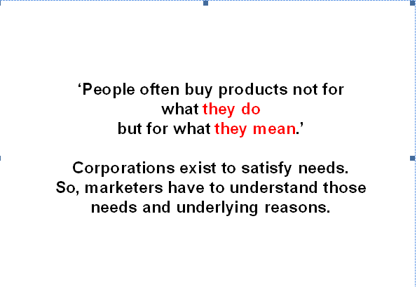 'People often buy products not for
what they do
but for what they mean.'
Corporations exist to satisfy needs.
So, marketers have to understand those
needs and underlying reasons.
