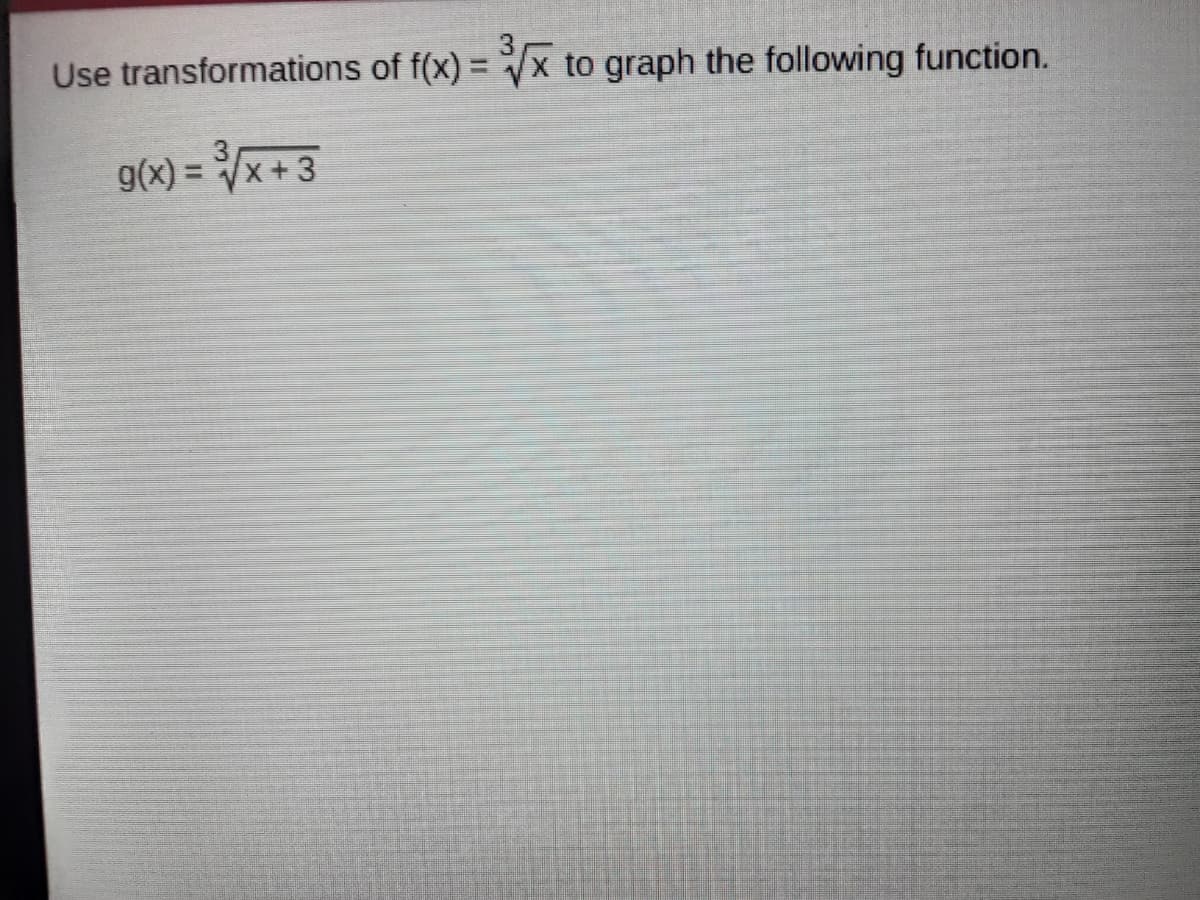 Use transformations of f(x) = x to graph the following function.
g(x) = x + 3
