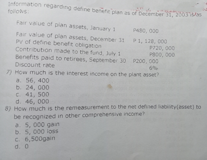 Information regarding define benefit plan as of December 31, 2003 15/35
follows:
Fair value of pian assets, January 1
P480, 000
Fair value of plan assets, December 31
PV of define benefit obligation
P 1, 128, 000
P720, 000
P800, 000
Contribution made to the fund, July 1
Benefits paid to retirees, September 30
P200, 000
6%
7) How much is the interest income on the plant asset?
Discount rate
a. 56, 400
b. 24, 000
C. 41, 500
d. 46, 000
8) How much is the remeasurement to the net defined liability(asset) to
be recognized in other comprehensive income?
a. 5, 000 gain
b. 5, 000 loss
C. 6,500gain
d. 0
