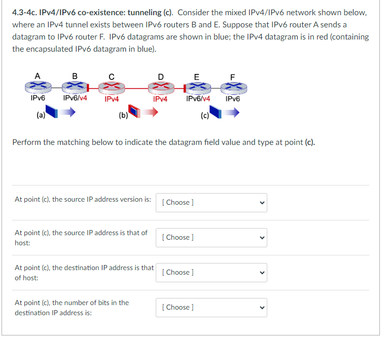 4.3-4c. IPv4/IPv6 co-existence: tunneling (c). Consider the mixed IPv4/IPv6 network shown below,
where an IPv4 tunnel exists between IPv6 routers B and E. Suppose that IPv6 router A sends a
datagram to IPv6 router F. IPv6 datagrams are shown in blue; the IPv4 datagram is in red (containing
the encapsulated IPv6 datagram in blue).
A
IPv6
(a)
B
C
IPv6/v4 IPv4
(b)
At point (c), the source IP address version is:
At point (c), the source IP address is that of
host:
D
IPv4
Perform the matching below to indicate the datagram field value and type at point (c).
At point (c), the destination IP address is that
of host:
At point (c), the number of bits in the
destination IP address is:
IPv6/v4 IPv6
(c)
[Choose ]
E
[Choose ]
[Choose ]
[Choose ]