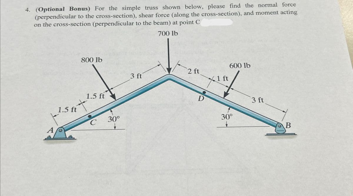 4. (Optional Bonus) For the simple truss shown below, please find the normal force
(perpendicular to the cross-section), shear force (along the cross-section), and moment acting
on the cross-section (perpendicular to the beam) at point C
800 lb
1.5 ft
+
C
30°
A
1.5 ft
700 lb
600 lb
2 ft
3 ft
1 ft
3 ft
D
30°
B