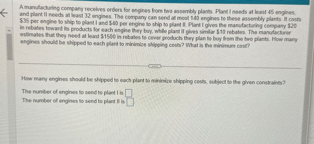 A manufacturing company receives orders for engines from two assembly plants. Plant I needs at least 45 engines,
and plant Il needs at least 32 engines. The company can send at most 140 engines to these assembly plants. It costs
$35 per engine to ship to plant I and $40 per engine to ship to plant II. Plant I gives the manufacturing company $20
in rebates toward its products for each engine they buy, while plant II gives similar $10 rebates. The manufacturer
estimates that they need at least $1500 in rebates to cover products they plan to buy from the two plants. How many
engines should be shipped to each plant to minimize shipping costs? What is the minimum cost?
How many engines should be shipped to each plant to minimize shipping costs, subject to the given constraints?
The number of engines to send to plant I is
The number of engines to send to plant II is
