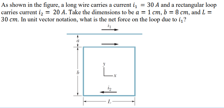 As shown in the figure, a long wire carries a current i₁ = 30 A and a rectangular loop
carries current i₂ = 20 A. Take the dimensions to be a = 1 cm, b = 8 cm, and L =
30 cm. In unit vector notation, what is the net force on the loop due to i₁?
i₁
ią
L
x