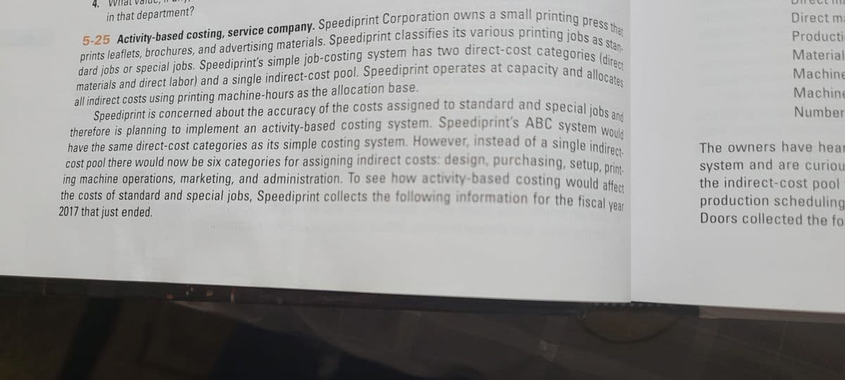 5-25 Activity-based costing, service company. Speediprint Corporation owns a small printing press that
prints leaflets, brochures, and advertising materials. Speediprint classifies its various printing jobs as stan-
dard jobs or special jobs. Speediprint's simple job-costing system has two direct-cost categories (direct
materials and direct labor) and a single indirect-cost pool. Speediprint operates at capacity and allocates
therefore is planning to implement an activity-based costing system. Speediprint's ABC system would
Speediprint is concerned about the accuracy of the costs assigned to standard and special jobs and
4.
Direct ma
Producti
in that department?
Material
materials and direct labor) and a single indirect-cost pool. Speediprint operates at capacity and a tairect
all indirect costs using printing machine-hours as the allocation base.
Speediprint is concerned about the accuracy of the costs assigned to standard and special iobe
Machine
Machine
Number
have the same direct-cost categories as its simple costing system. However, instead of a single indi
cost pool there would now be six categories for assigning indirect costs: design, purchasing, setup nrint
ing machine operations, marketing, and administration. To see how activity-based costing would affer
the costs of standard and special jobs, Speediprint collects the following information for the fiscal vear
2017 that just ended.
The owners have hear
system and are curiou
the indirect-cost pool
production scheduling
Doors collected the for
