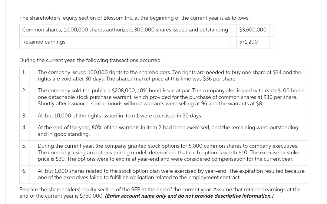 The shareholders' equity section of Blossom Inc. at the beginning of the current year is as follows:
Common shares, 1,000,000 shares authorized, 300,000 shares issued and outstanding
Retained earnings
During the current year, the following transactions occurred.
$3,600,000
571,200
1.
The company issued 100,000 rights to the shareholders. Ten rights are needed to buy one share at $34 and the
rights are void after 30 days. The shares' market price at this time was $36 per share.
2.
3.
4.
5.
6.
The company sold the public a $208,000, 10% bond issue at par. The company also issued with each $100 bond
one detachable stock purchase warrant, which provided for the purchase of common shares at $30 per share.
Shortly after issuance, similar bonds without warrants were selling at 96 and the warrants at $8.
All but 10,000 of the rights issued in item 1 were exercised in 30 days.
At the end of the year, 80% of the warrants in item 2 had been exercised, and the remaining were outstanding
and in good standing.
During the current year, the company granted stock options for 5,000 common shares to company executives.
The company, using an options pricing model, determined that each option is worth $10. The exercise or strike
price is $30. The options were to expire at year-end and were considered compensation for the current year.
All but 1,000 shares related to the stock option plan were exercised by year-end. The expiration resulted because
one of the executives failed to fulfill an obligation related to the employment contract.
Prepare the shareholders' equity section of the SFP at the end of the current year. Assume that retained earnings at the
end of the current year is $750,000. (Enter account name only and do not provide descriptive information.)
