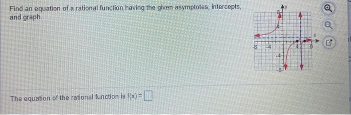 Find an equation of a rational function having the given asymptotes, intercepts,
and graph.
%3D
The equation of the rational function is f(x) =
