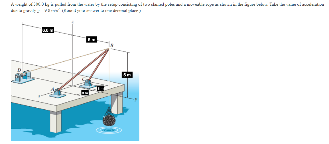 A weight of 300.0 kg is pulled from the water by the setup consisting of two slanted poles and a moveable rope as shown in the figure below. Take the value of acceleration
due to gravity g = 9.8 m/s. (Round your answer to one decimal place.)
6.6 m
5 m
D
5 m
3 m
3 m
