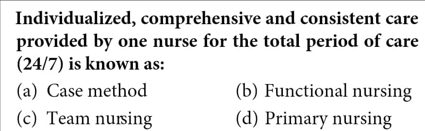 Individualized, comprehensive and consistent care
provided by one nurse for the total period of care
(24/7) is known as:
(a) Case method
(c) Team nursing
(b) Functional nursing
(d) Primary nursing