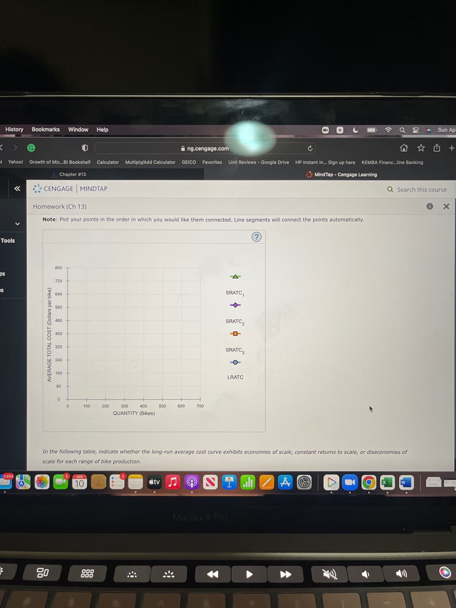 History
Bookmarks
Window
Help
Sun Ap
A ng.cengage.com
☆山 +
N Yahoo!
Growth of Mic.BI Bookshelf Calculator
Multiply/Add Calculator
GEICO
Favorites Unit Reviews - Google Drive
HP Instant In. Sign up here KEMBA Financ.line Banking
Chapter #13
* MindTap - Cengage Learning
CENGAGE MINDTAP
Q Search this course
Homework (Ch 13)
Note: Plot your points in the order in which you would like them connected. Line segments will connect the points automatically.
Tools
800
ps
A
720
2 640
SRATC,
560
SRATC,
480
400
320
SRATC,
240
160
LRATC
80
100
200
300
400
500
600
700
QUANTITY (Bikes)
In the following table, indicate whether the long-run average cost curve exhibits economies of scale, constant returns to scale, or diseconomies of
scale for each range of bike production.
2,693
APR
10
etv
MacBook Pro
80
000
000
AVERAGE TOTAL COST (Dollars per bike)
