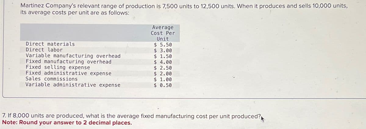 Martinez Company's relevant range of production is 7,500 units to 12,500 units. When it produces and sells 10,000 units,
its average costs per unit are as follows:
Direct materials
Direct labor
Variable manufacturing overhead
Fixed manufacturing overhead
Fixed selling expense
Fixed administrative expense
Sales commissions
Variable administrative expense
Average
Cost Per
Unit
$ 5.50
$ 3.00
$ 1.50
$ 4.00
$ 2.50
$ 2.00
$ 1.00
$ 0.50
7. If 8,000 units are produced, what is the average fixed manufacturing cost per unit produced?
Note: Round your answer to 2 decimal places.