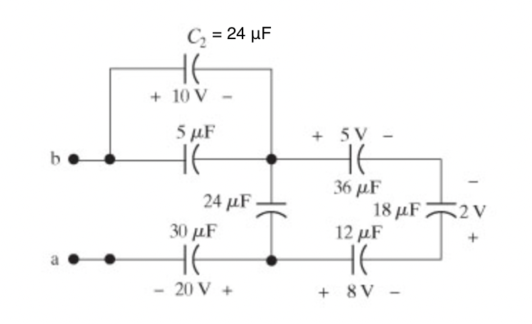 C, = 24 µF
HE
+ 10 V -
5 µF
+ 5 V
V -
36 μF
18 µF2 V
12 µF
24 µF
30 μF
- 20 V +
+ 8V -
HE
