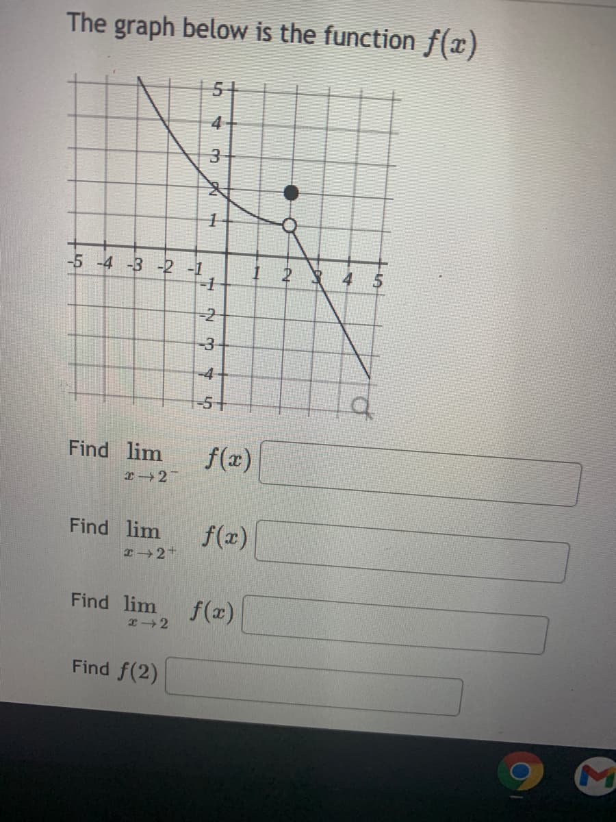 The graph below is the function f(x)
51
4
3
-5 -4 -3 -2 -1
-2
-3-
-4
-5+
Find lim
f(x)
x2
Find lim
f(x)
r2+
Find lim f(x)
エ→2
Find f(2)
