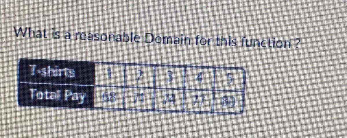 What is a reasonable Domain for this function?
2 345
68 71 74 77 80
T-shirts
Total Pay
