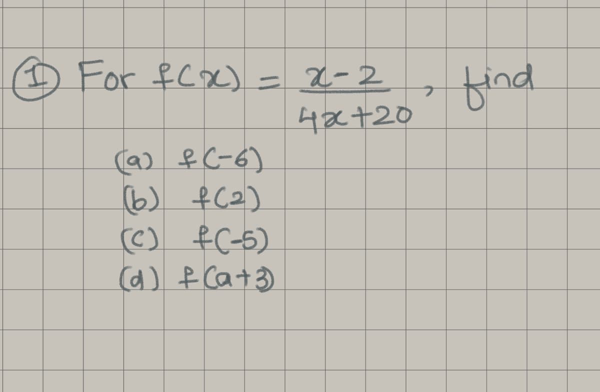 (1) For f(x) = x-2
42x+20
(a) f(-6)
(6) f(2)
(c) f(-5)
(d) f(a+3)
find