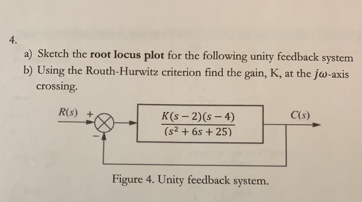 4.
a) Sketch the root locus plot for the following unity feedback system
b) Using the Routh-Hurwitz criterion find the gain, K, at the jw-axis
crossing.
R(s) +
K(s - 2)(s – 4)
C(s)
(s2 + 6s + 25)
Figure 4. Unity feedback system.
