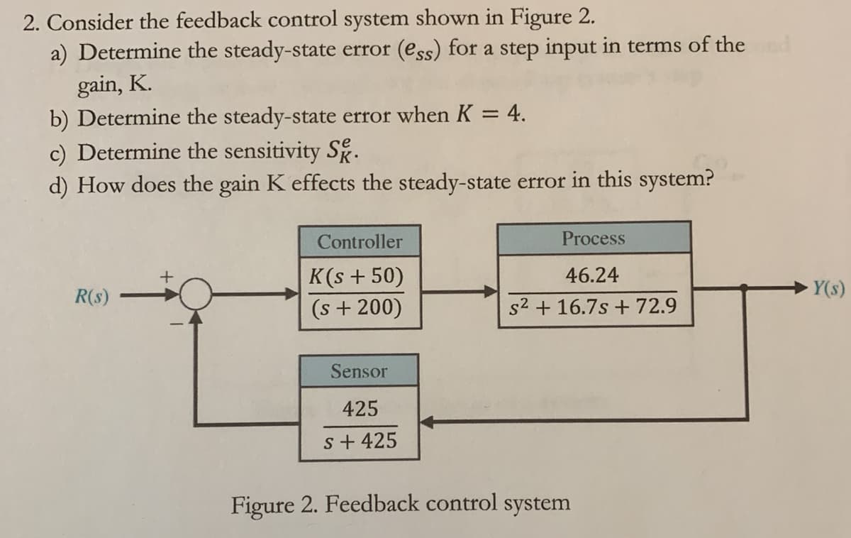 2. Consider the feedback control system shown in Figure 2.
a) Determine the steady-state error (ess) for a step input in terms of thed
gain, K.
b) Determine the steady-state error when K = 4.
c) Determine the sensitivity Sg.
d) How does the gain K effects the steady-state error in this system?
Controller
Process
K(s + 50)
(s + 200)
46.24
R(s)
Y(s)
s2 + 16.7s + 72.9
Sensor
425
s+ 425
Figure 2. Feedback control system
